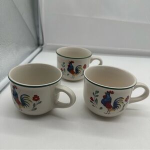 3 Vintage International Tableworks Provence Rooster Stoneware Flat Cups Mugs